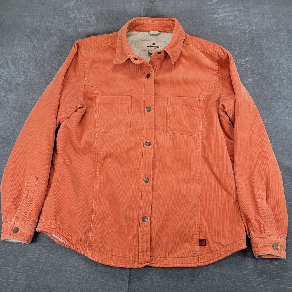 Woolrich Vintage Womens Medium Orange Corduroy Fleece‎ Snap Button Shirt Jacket